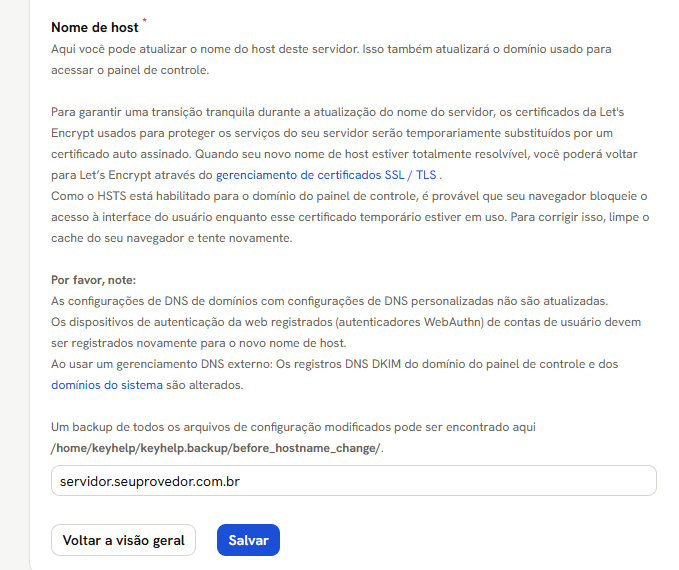 Tela Nome de Domínio: os avisos do painel e o campo Nome de host