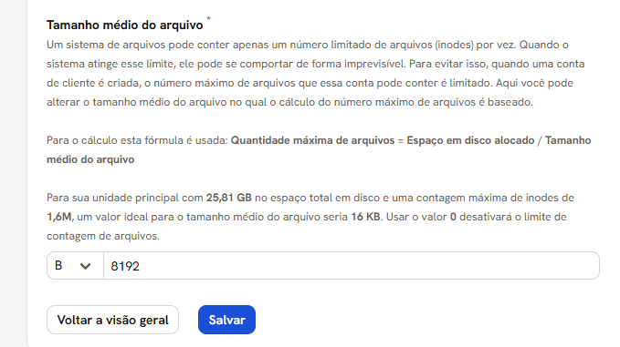 Tela Quota com a fórmula, o valor sugerido para o disco e o campo Tamanho médio do arquivo