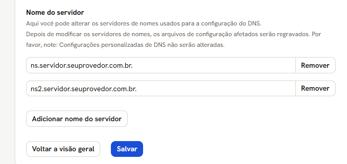 Tela Servidor de DNS com dois servidores de nomes, os botões Remover e Adicionar nome do servidor