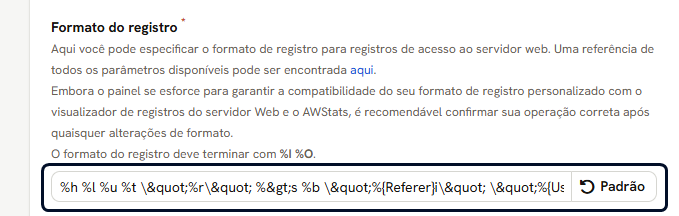 O campo Formato do registro depois do botão Padrão, com códigos de página da web no lugar das aspas e do sinal de maior