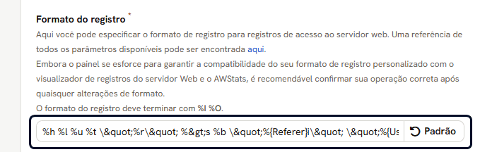 O campo Formato do registro depois do botão Padrão, com códigos de página da web no lugar das aspas e do sinal de maior