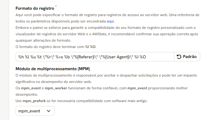 Campo Formato do registro com o formato padrão, e o Módulo de multiprocessamento em mpm_event