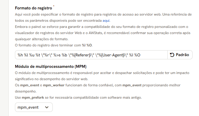 Campo Formato do registro com o formato padrão, e o Módulo de multiprocessamento em mpm_event