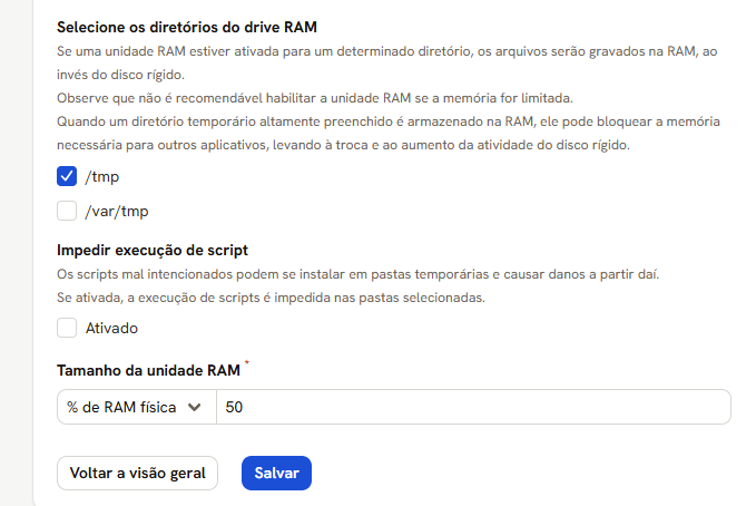 Tela Unidade de RAM: as pastas /tmp e /var/tmp, Impedir execução de script e o tamanho