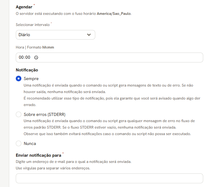 Fim do formulário de tarefa: Agendar, com o fuso do servidor, e as opções de Notificação
