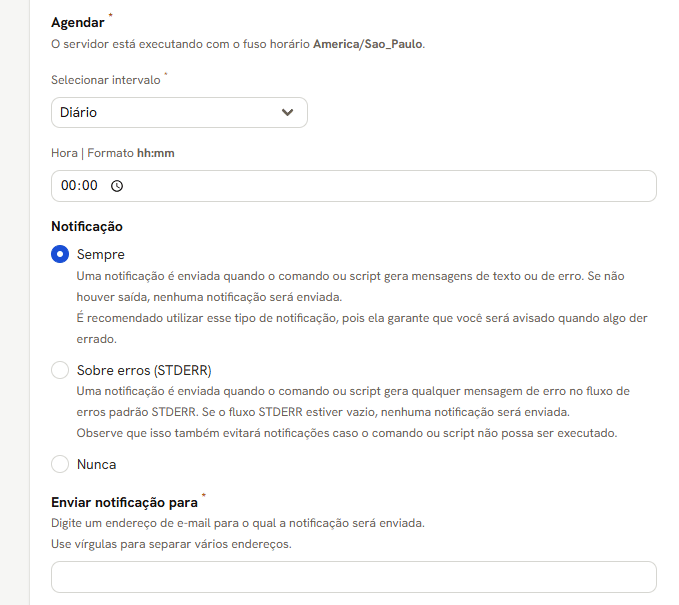 Fim do formulário de tarefa: Agendar, com o fuso do servidor, e as opções de Notificação