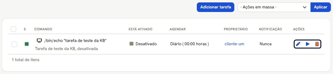 Lista de tarefas agendadas na área do administrador, com a coluna Proprietário