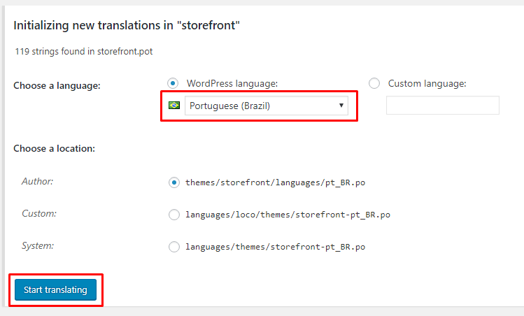 Selecionando idioma Loco Translate