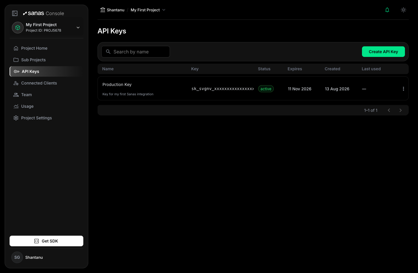 API Keys list showing one active key with a masked value, expiry date, created date, and last used column