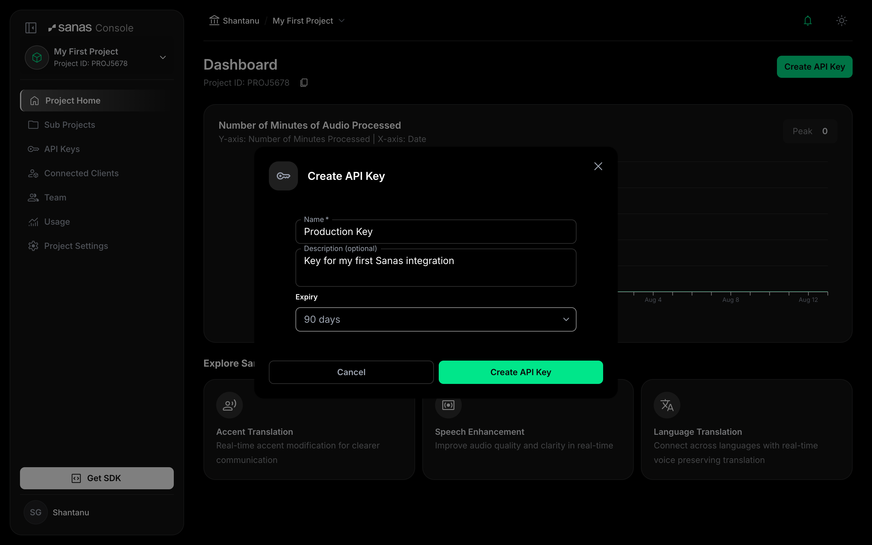Create API Key modal filled in with a name, description, and a 90 day expiry