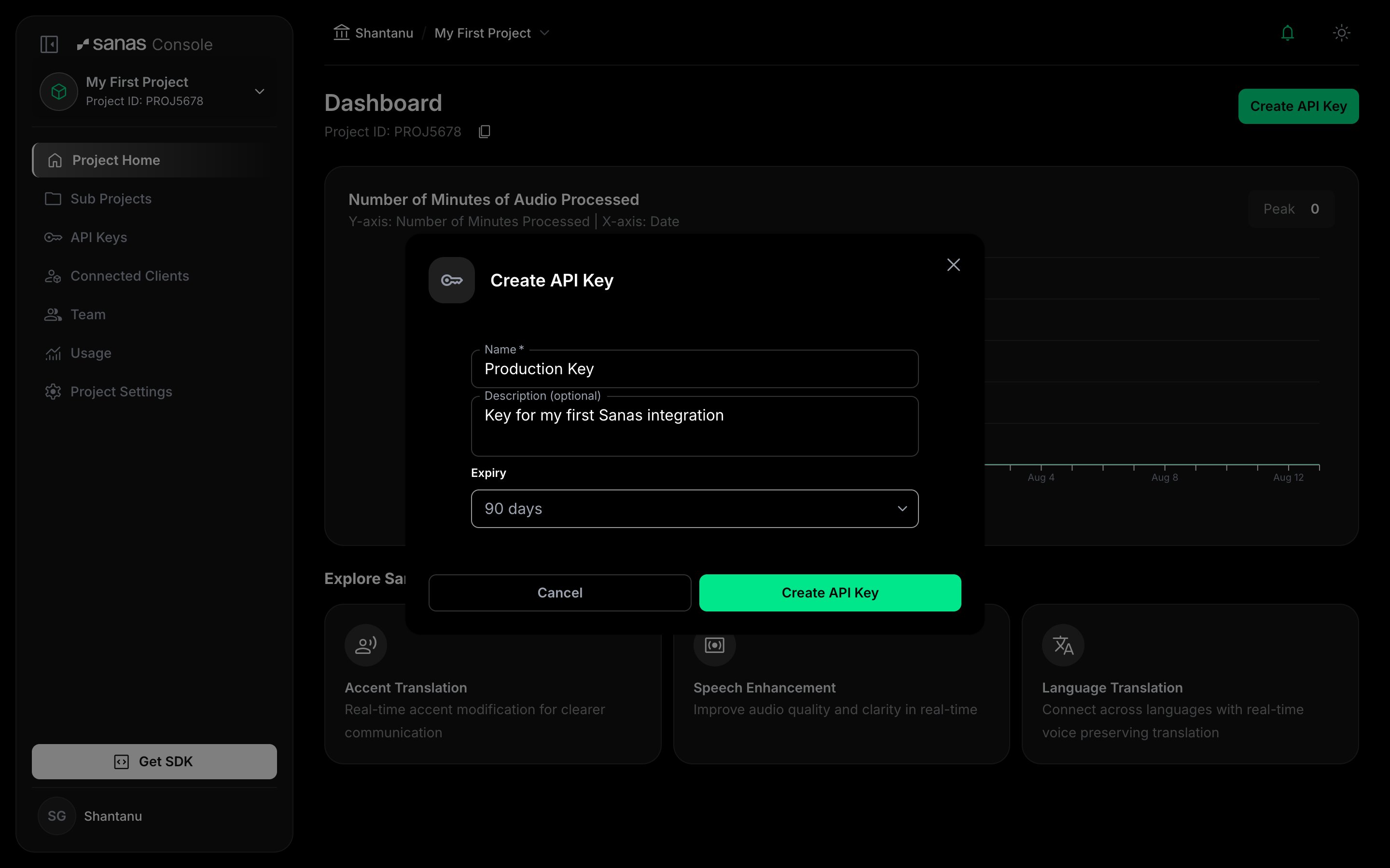 Create API Key modal filled in with a name, description, and a 90 day expiry