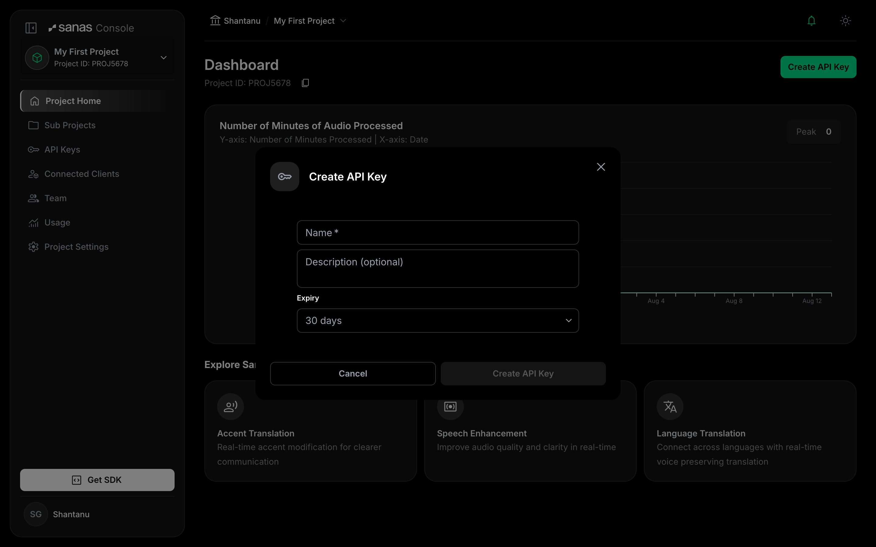Create API Key modal with Name, optional Description, and an Expiry dropdown