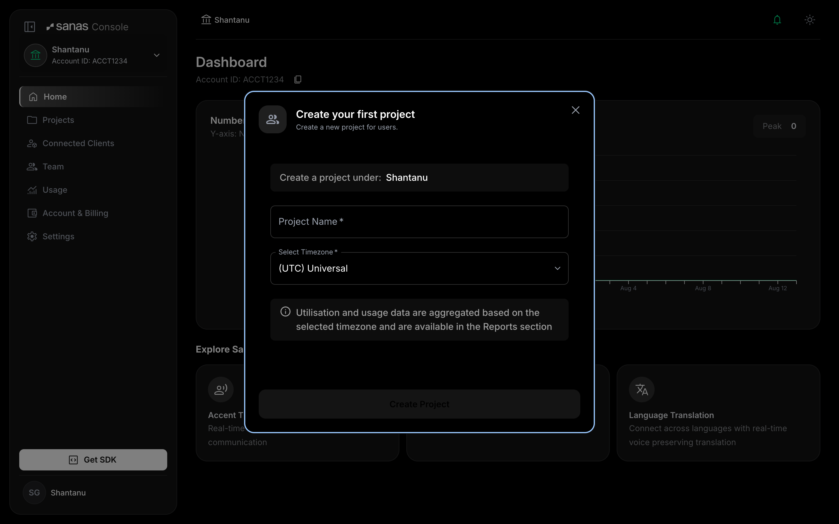 Create your first project modal showing the parent account, a Project Name field, and a Select Timezone dropdown