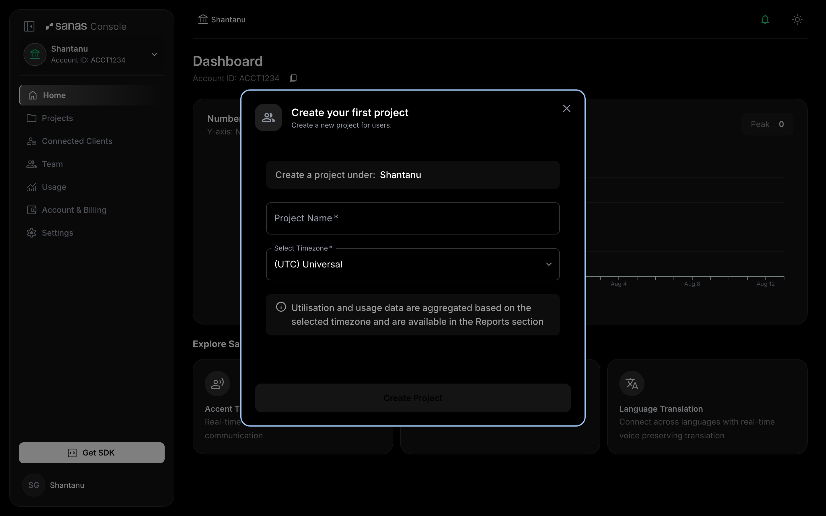 Create your first project modal showing the parent account, a Project Name field, and a Select Timezone dropdown