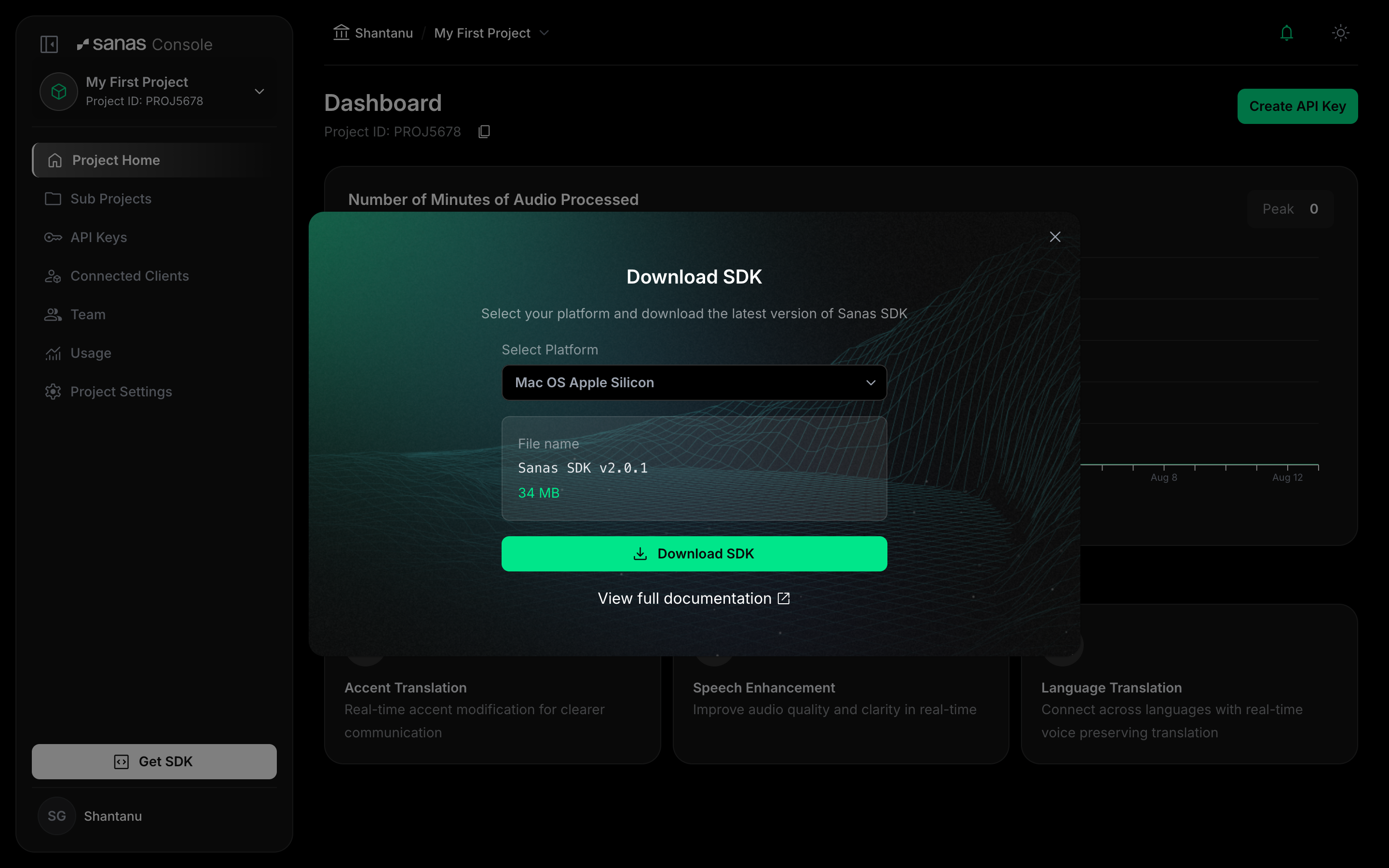 Download SDK dialog with a platform selector, the SDK file name and size, a Download SDK button, and a View full documentation link