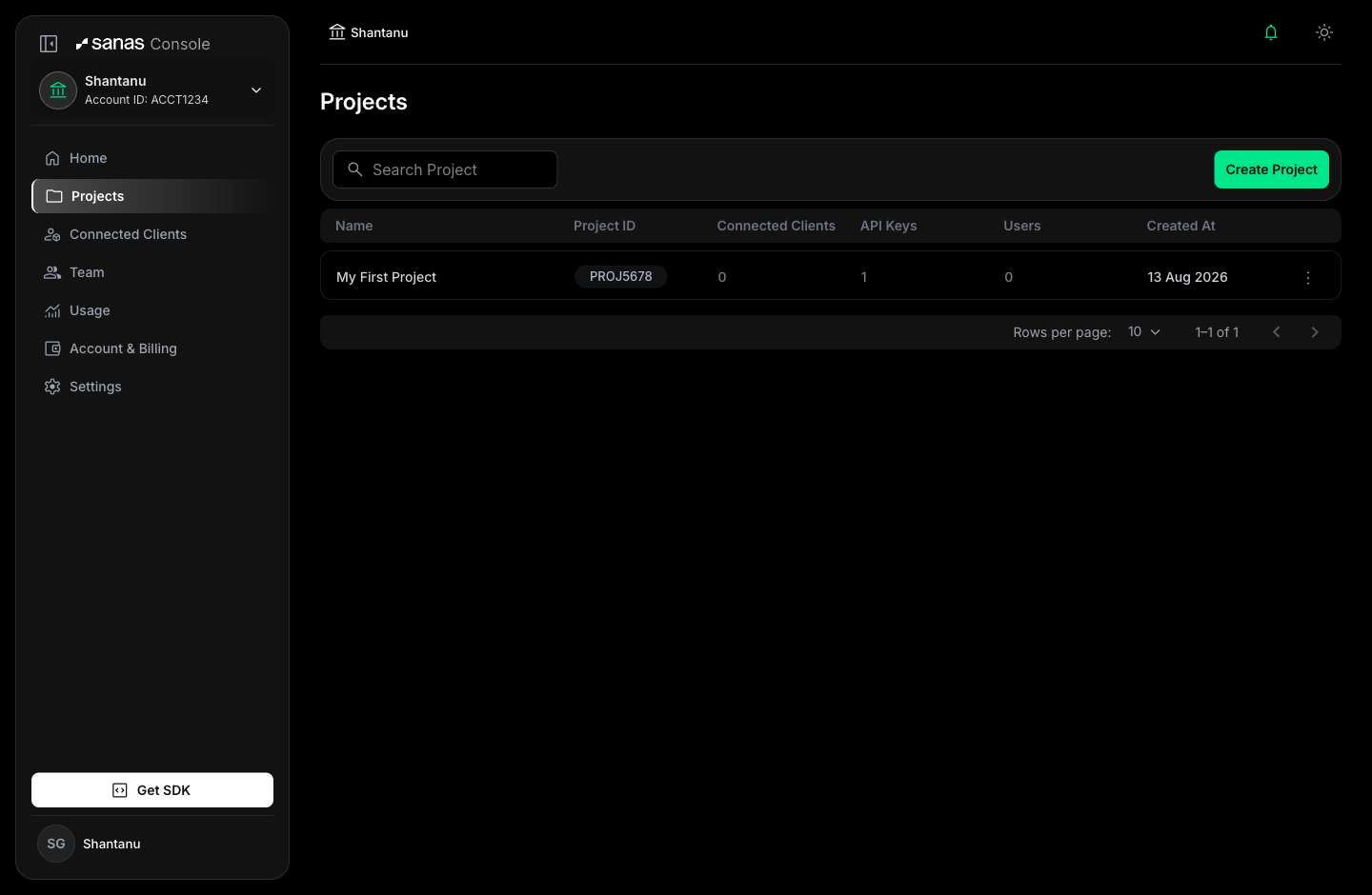 Projects list showing project name, Project ID, connected clients, API keys, users, and created date, with a Create Project button