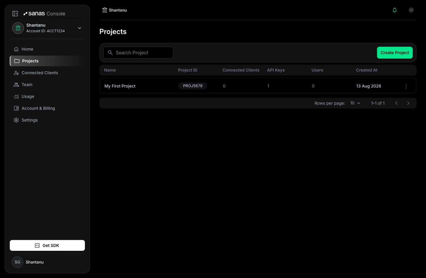Projects list showing project name, Project ID, connected clients, API keys, users, and created date, with a Create Project button