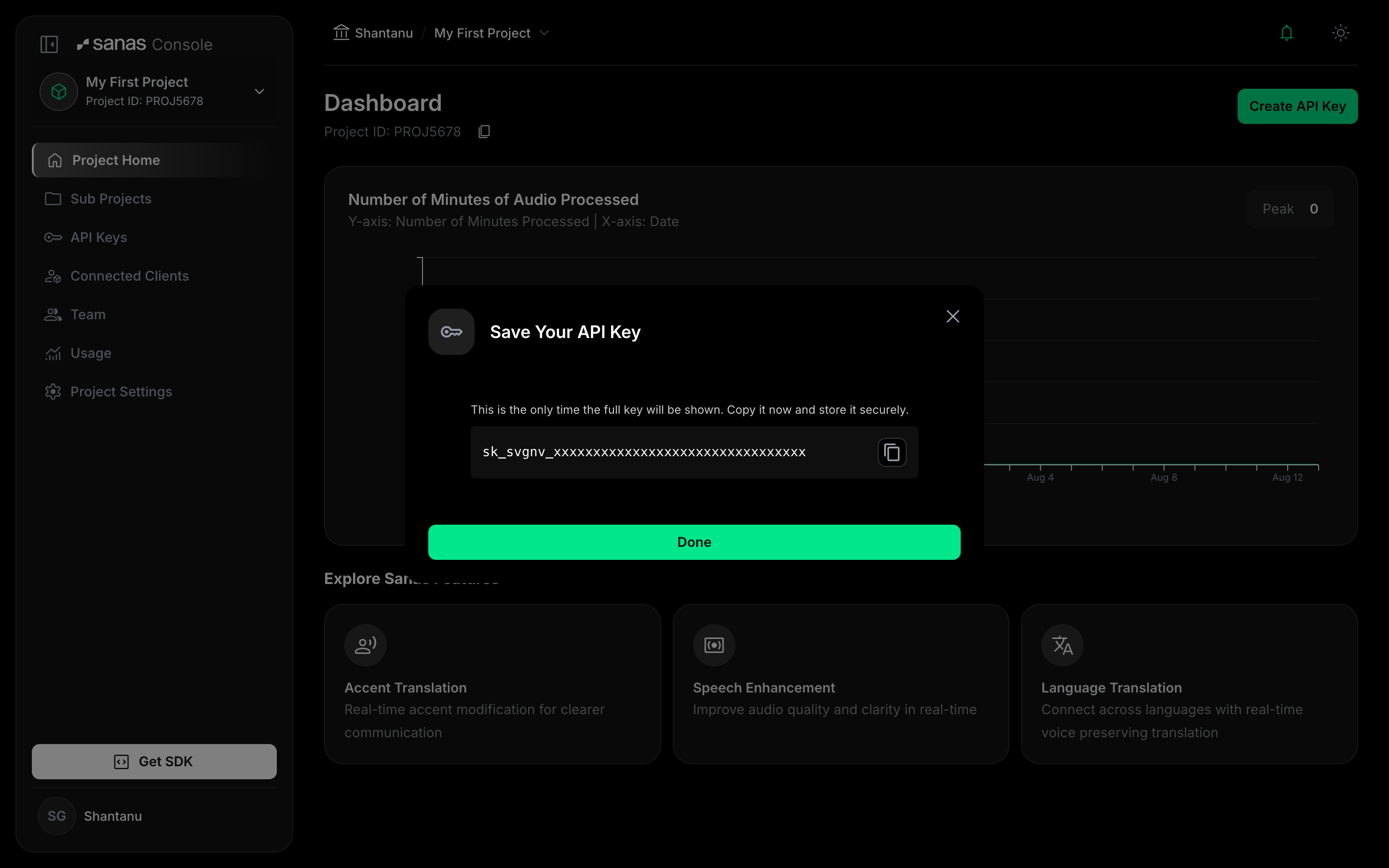 Save Your API Key dialog showing the full key with a copy button and a warning that this is the only time the full key is shown