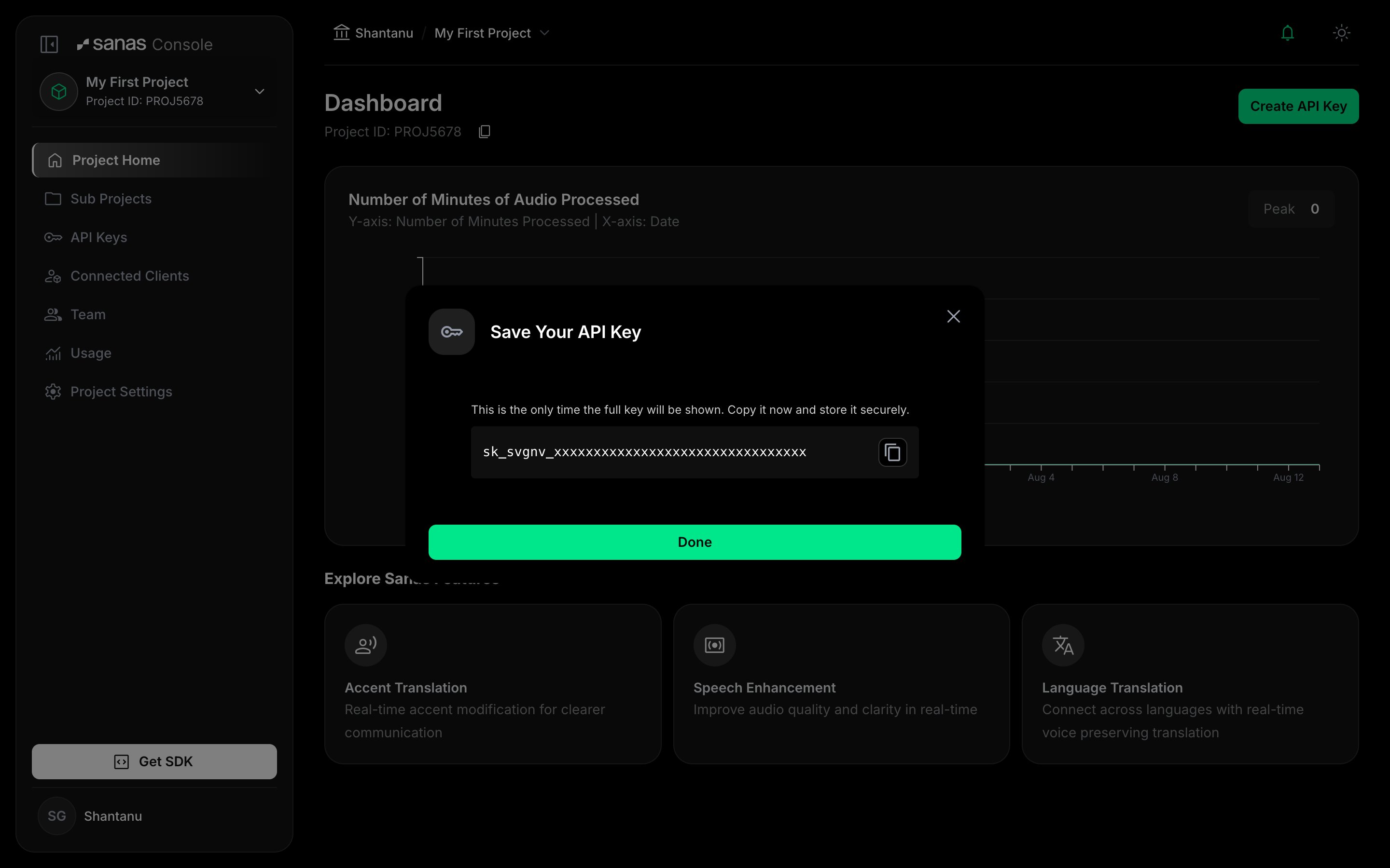 Save Your API Key dialog showing the full key with a copy button and a warning that this is the only time the full key is shown