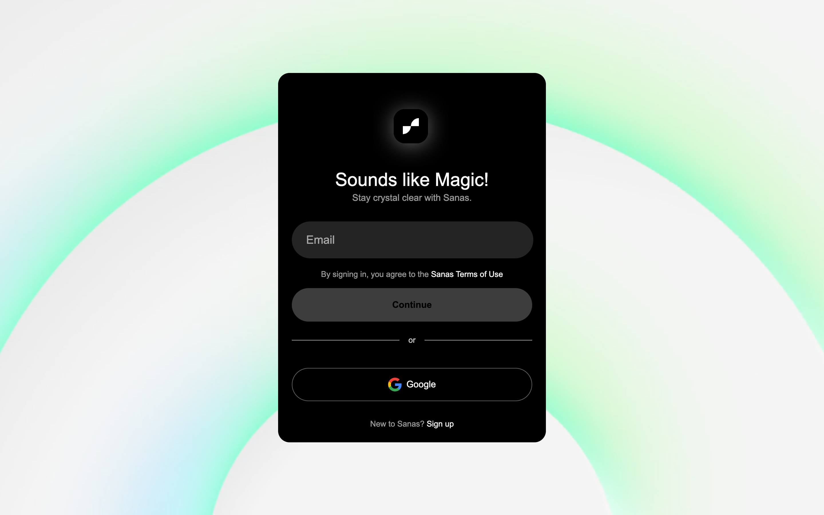 Sanas Console sign in screen with an email field, Continue button, Google sign-in option, and a Sign up link