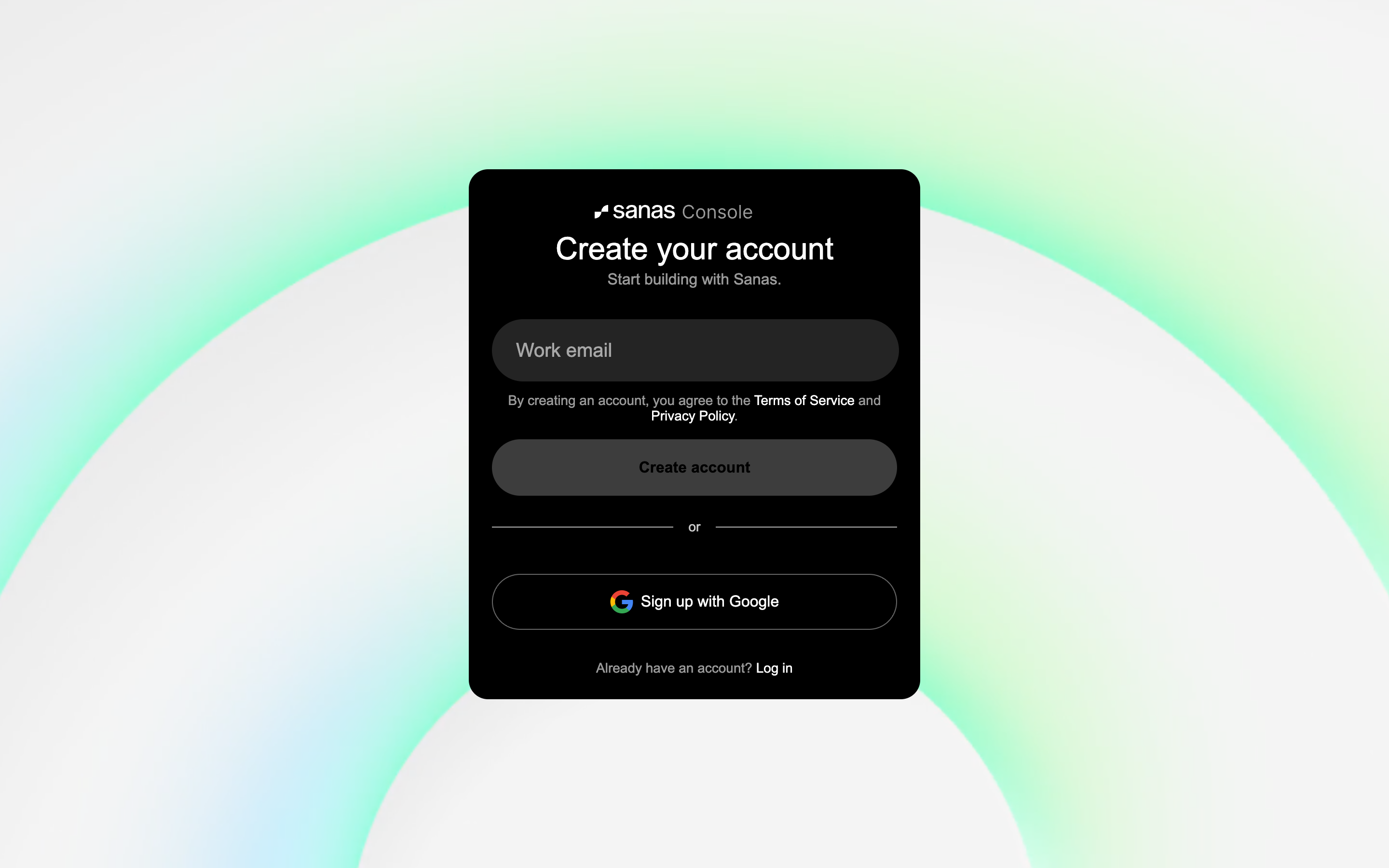 Sanas Console 'Create your account' screen with a work email field, Create account button, and Sign up with Google option