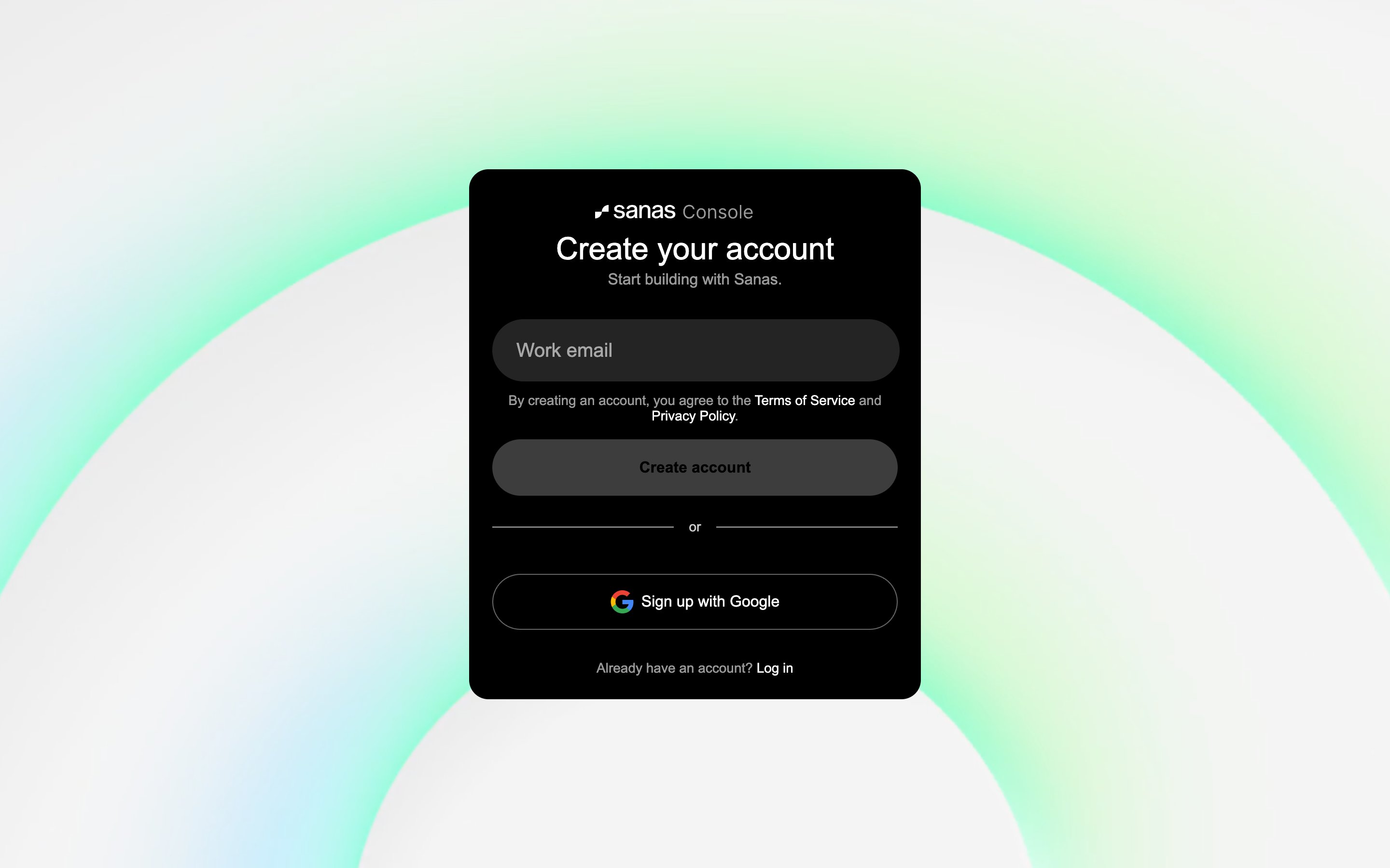 Sanas Console 'Create your account' screen with a work email field, Create account button, and Sign up with Google option