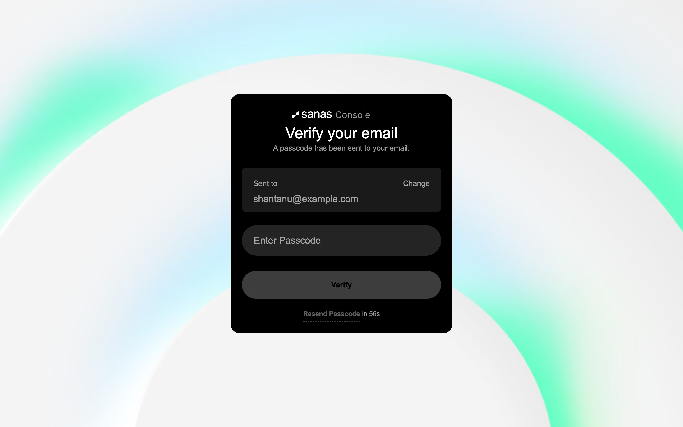 Verify your email screen showing a passcode entry field, the destination email address, a Verify button, and a resend timer