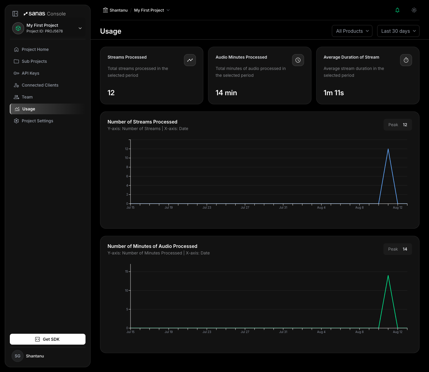 Project Usage page showing 12 streams processed, 14 minutes of audio processed, and a 1m 11s average stream duration, above two time-series charts with a single-day spike