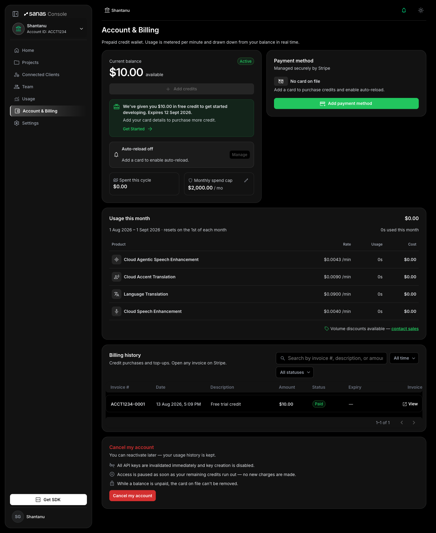 Account and Billing page showing a $10.00 available balance, free credit notice, auto-reload setting, monthly spend cap, per-product rate table, and billing history