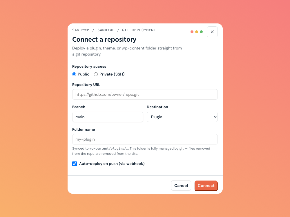 The Connect repository form for Git Deployment