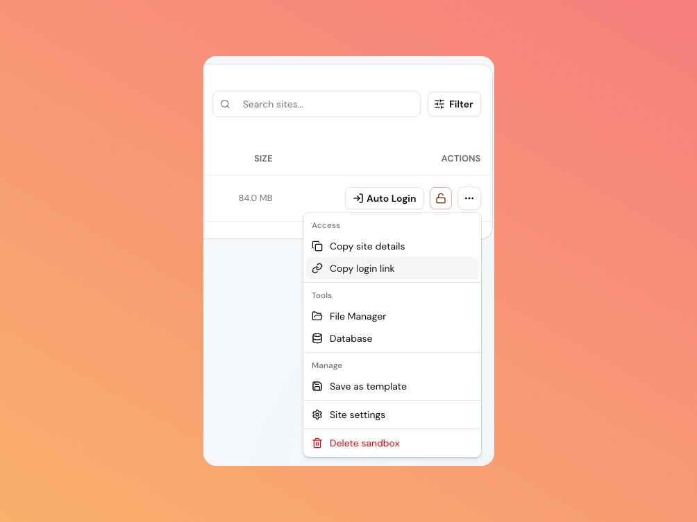 The sandbox actions menu with Copy login link highlighted