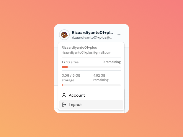 The account menu showing active sandbox count and storage allowance