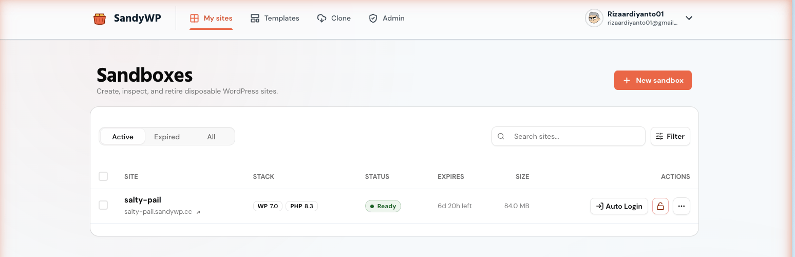 The SandyWP dashboard showing active sandboxes