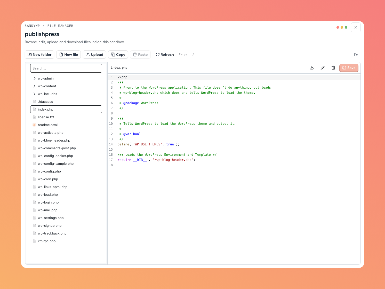 The File Manager file tree and code editor