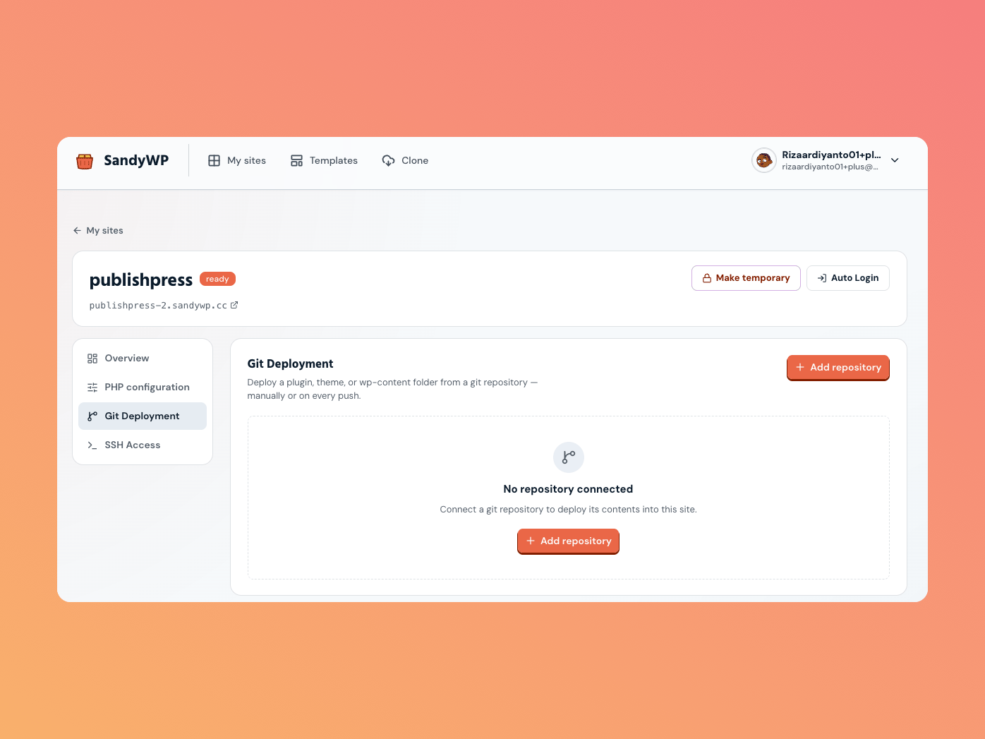 The Git Deployment panel on the sandbox detail page