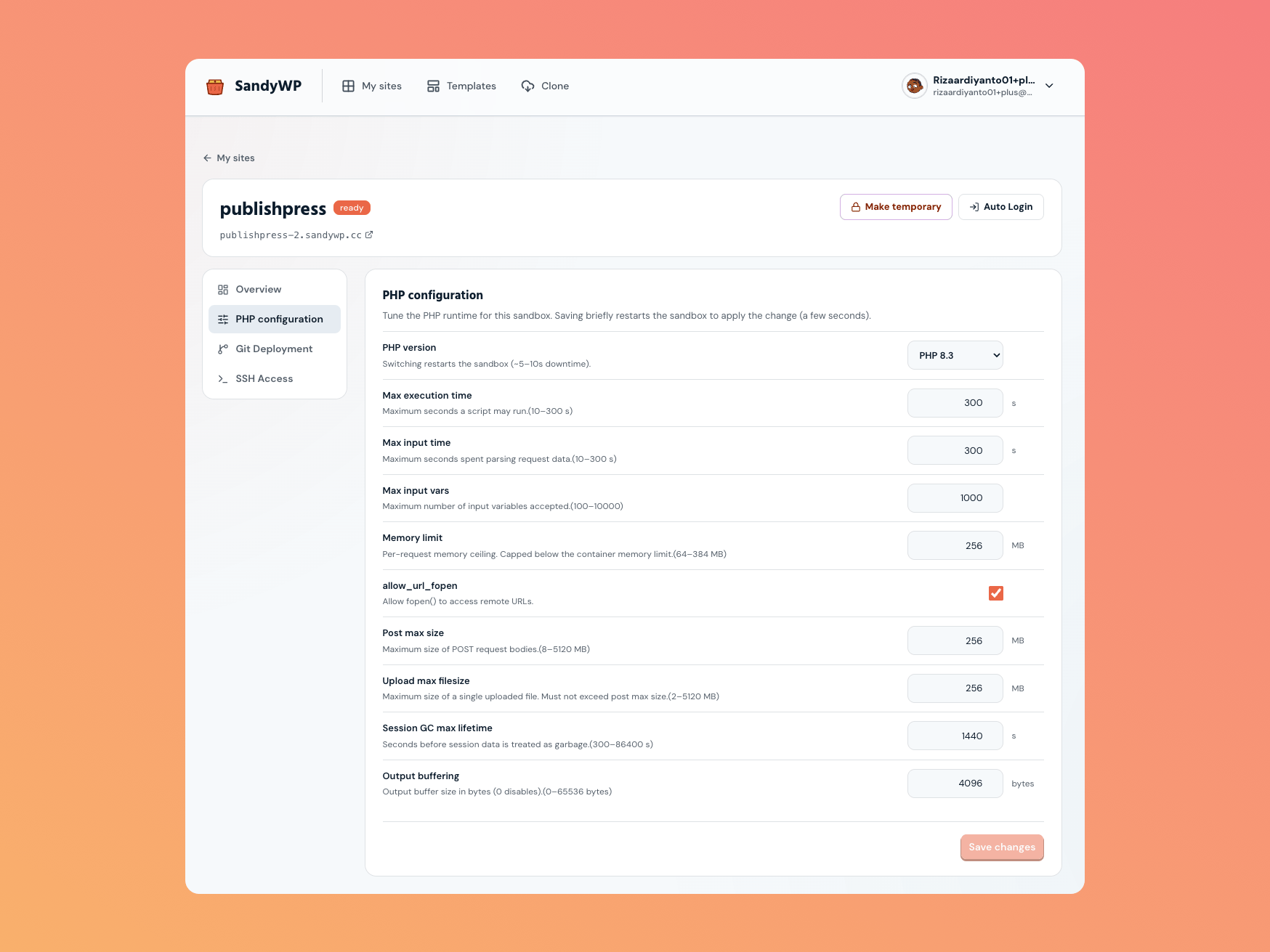 The PHP configuration panel on the sandbox detail page