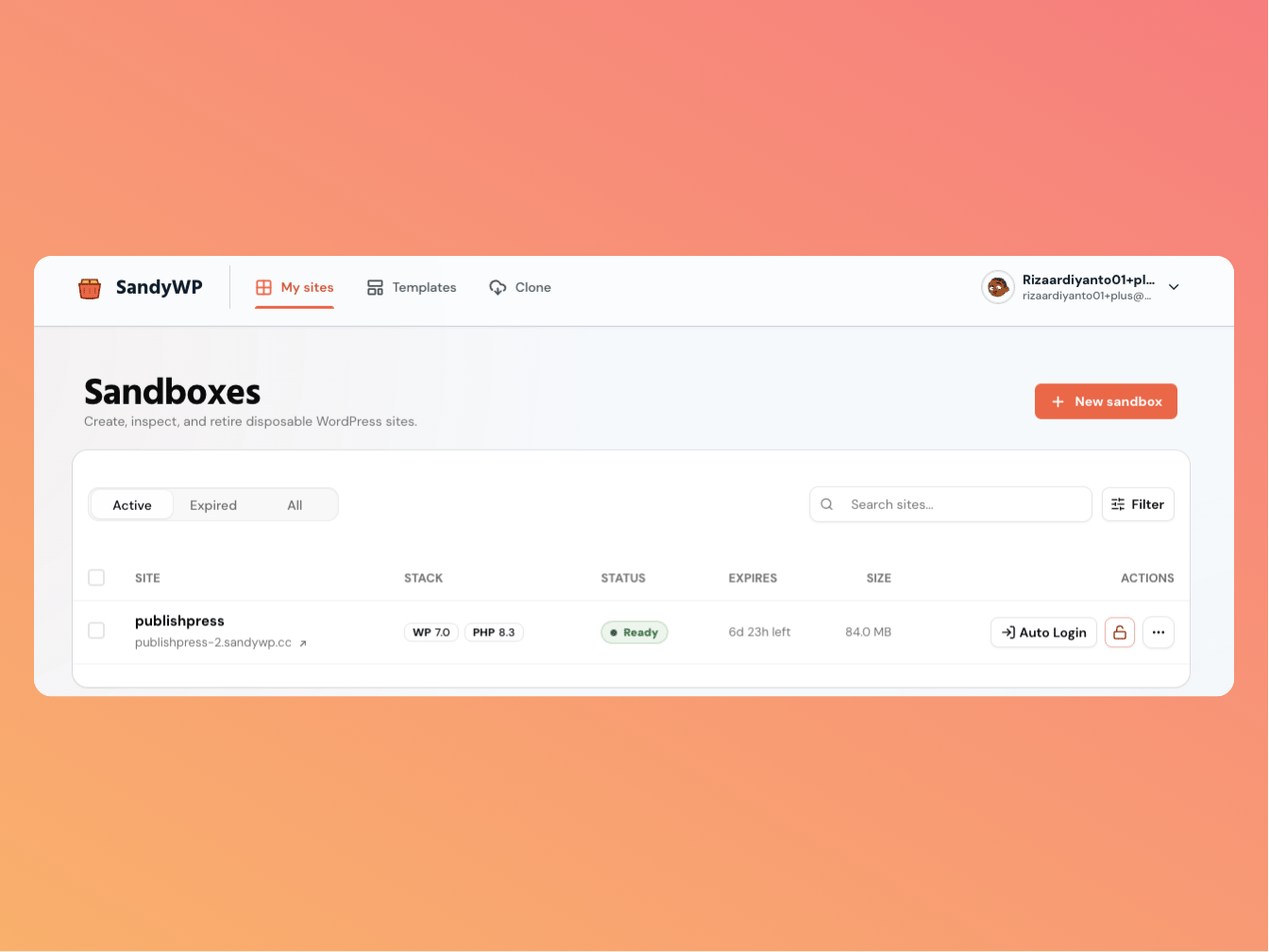 The Sandboxes dashboard showing a site's stack, status, and expiry