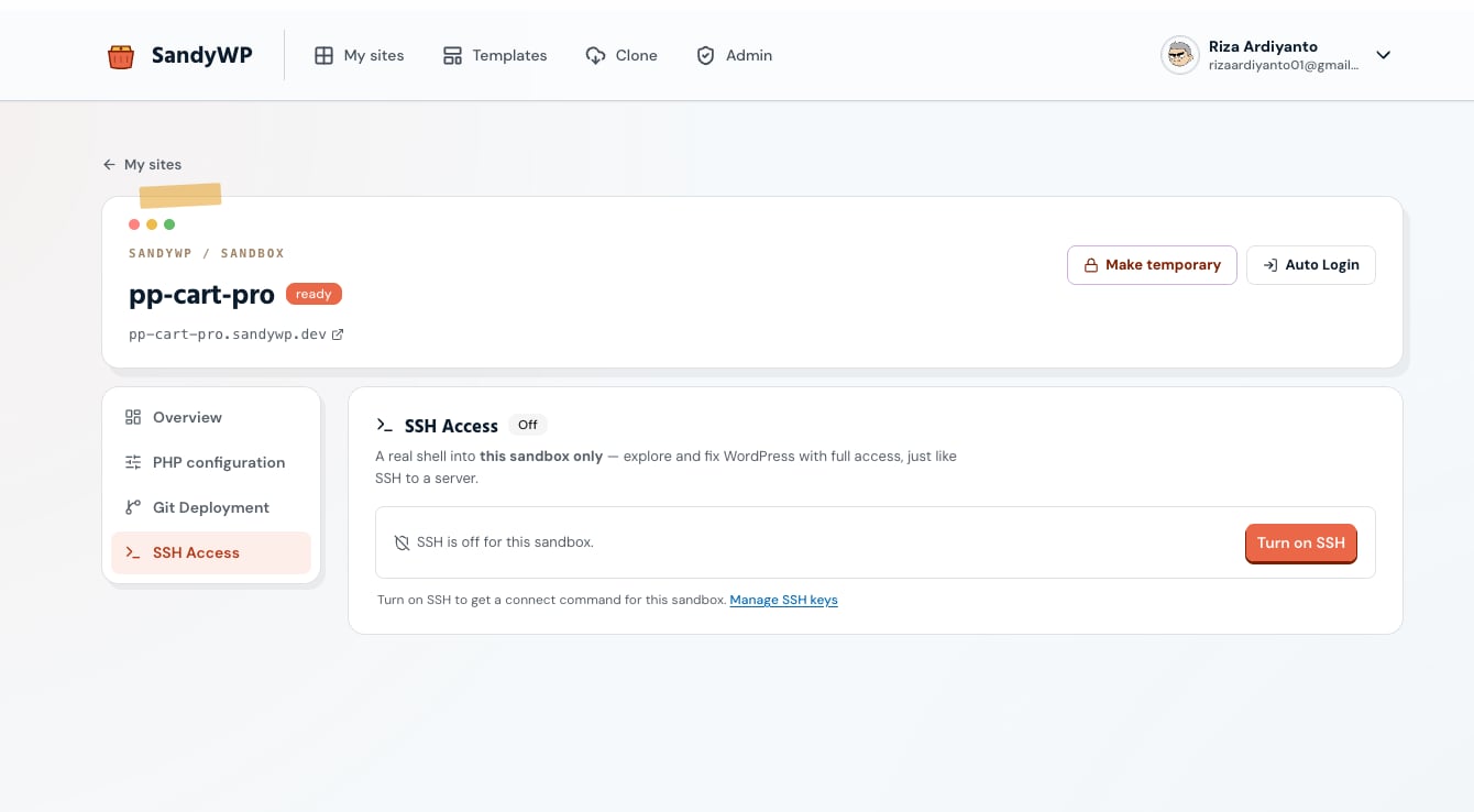 The SSH Access panel on a sandbox detail page