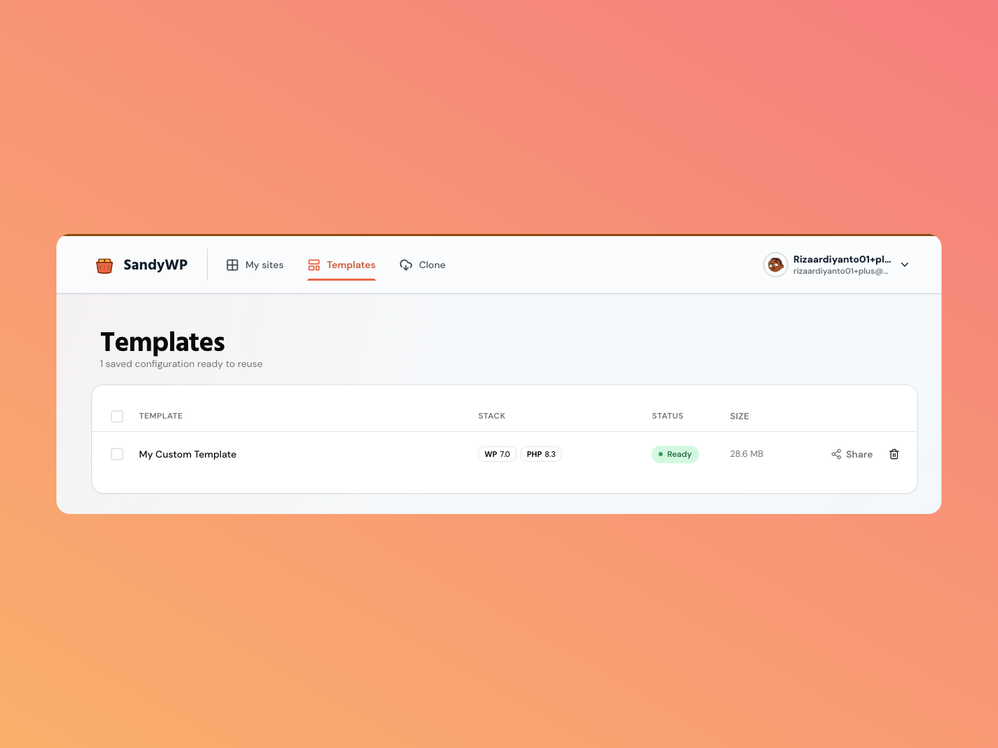 The Templates tab with a saved template ready to launch