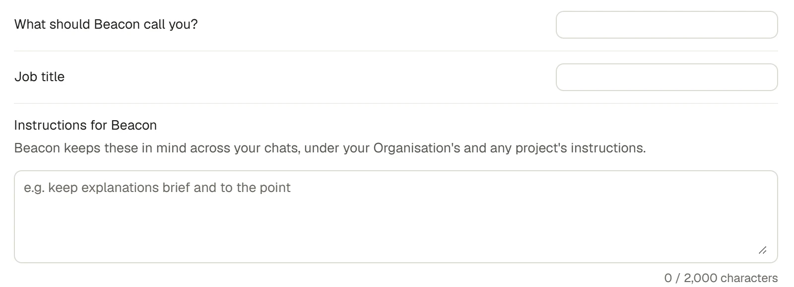 Account settings for your name, job title and instructions for Beacon.