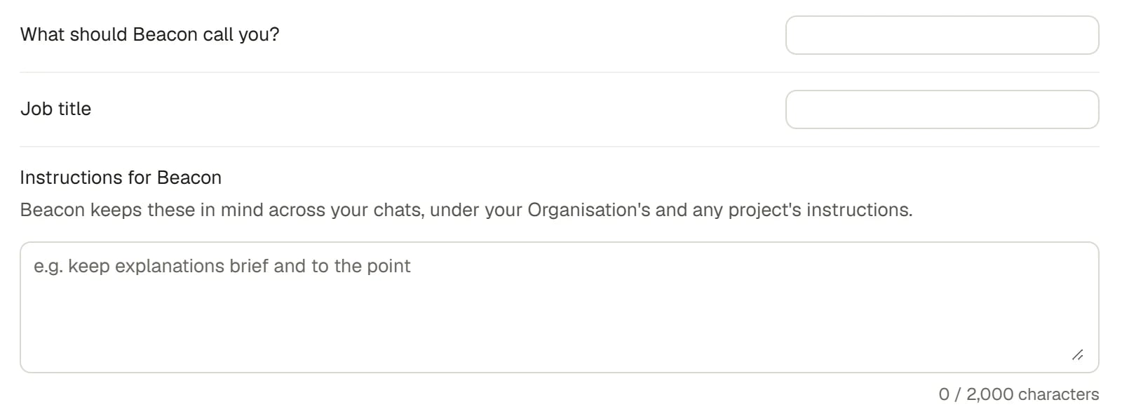 Account settings for your name, job title and instructions for Beacon.