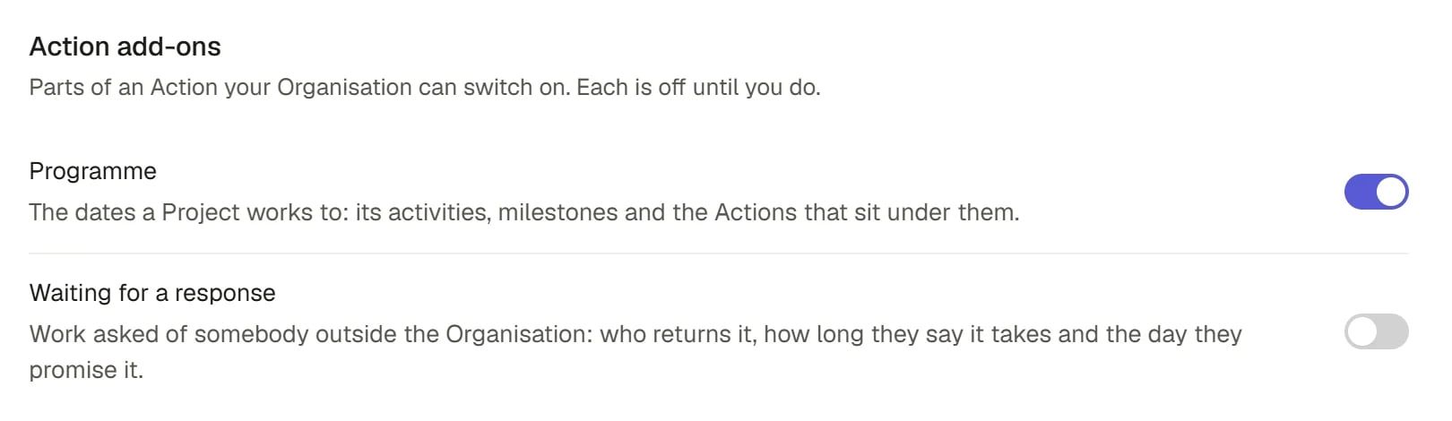 Action add-ons showing Programme enabled and Waiting for a response disabled.