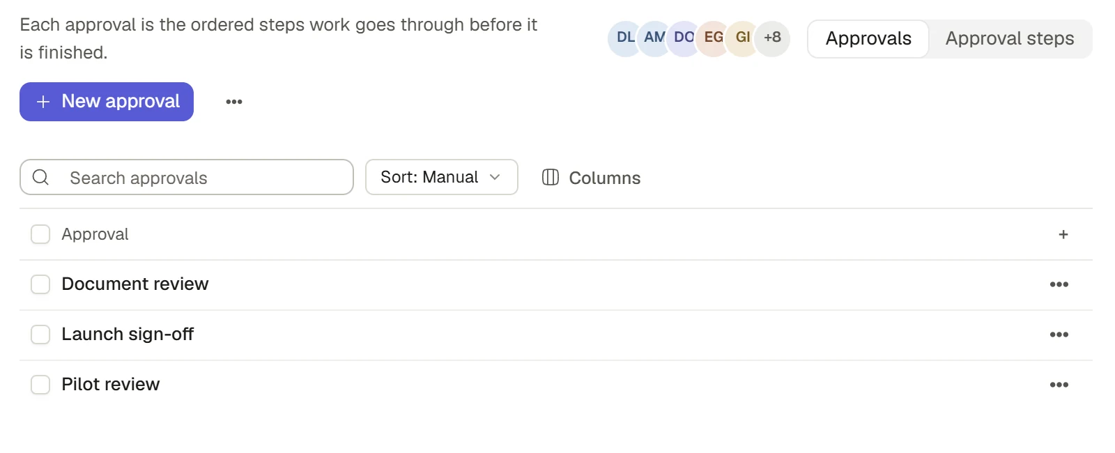 Organisation settings showing three sample approvals.