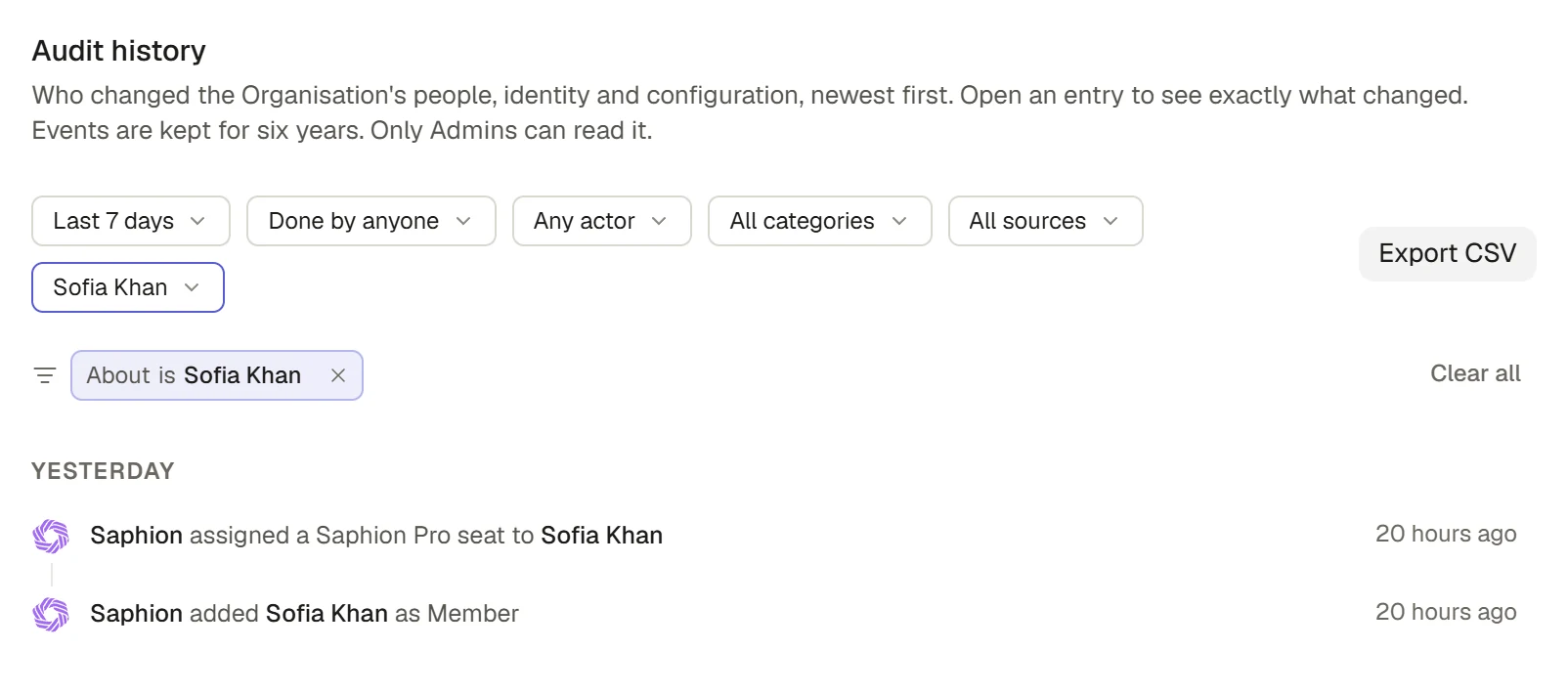 Audit history filtered to a sample member, showing two events.