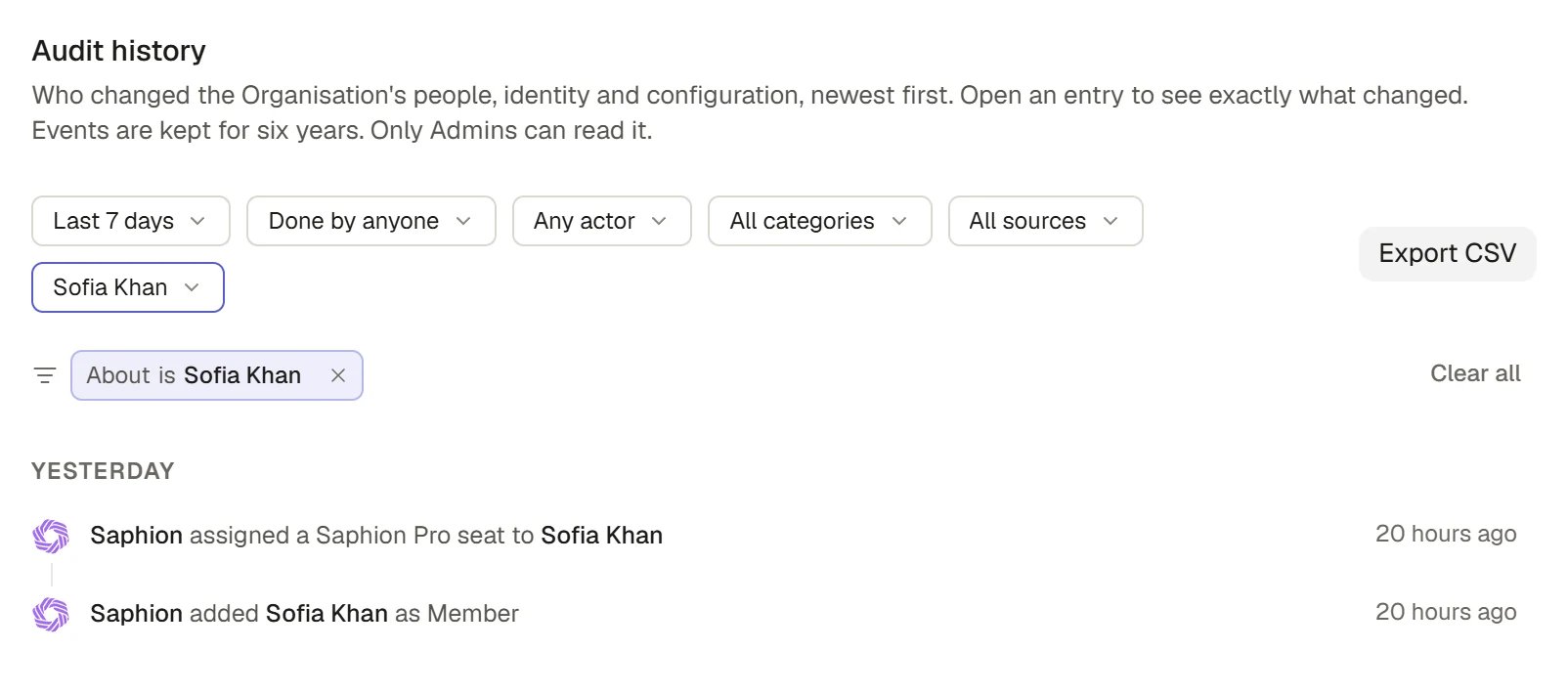 Audit history filtered to a sample member, showing two events.
