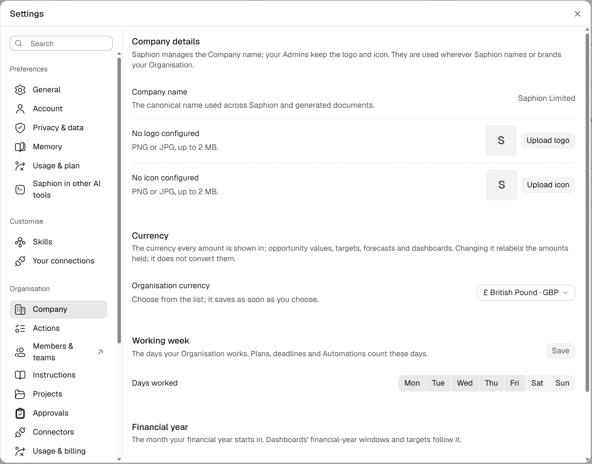 Company settings showing the name, branding, currency and working week.