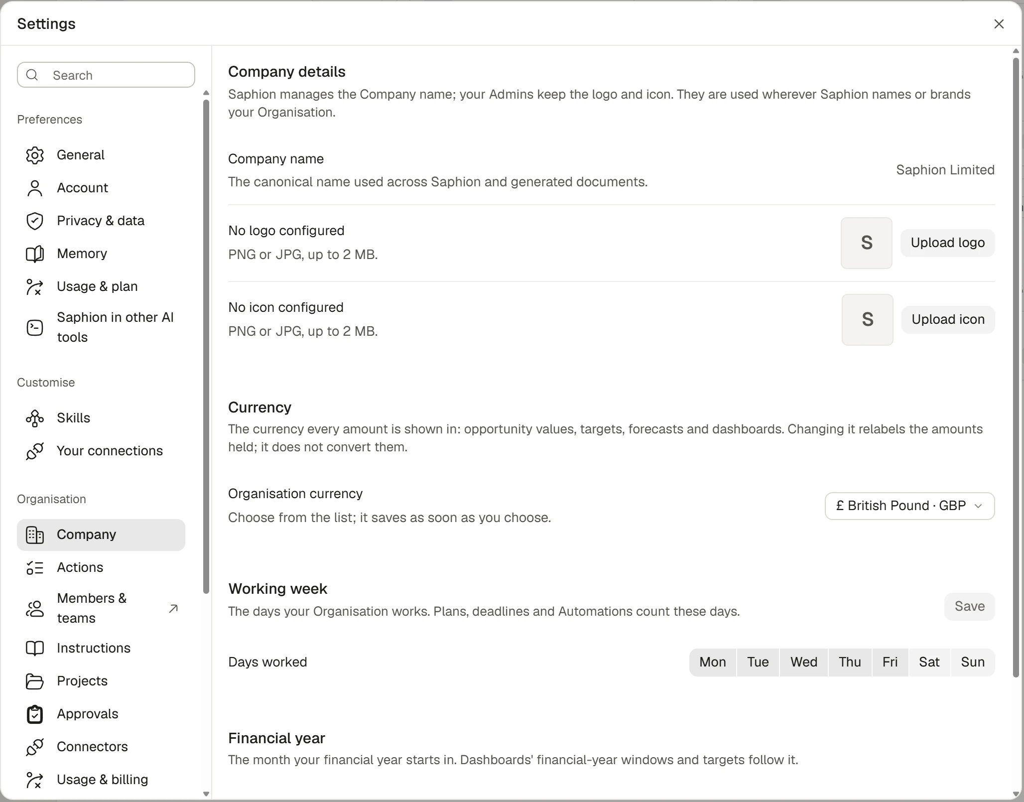 Company settings showing the name, branding, currency and working week.