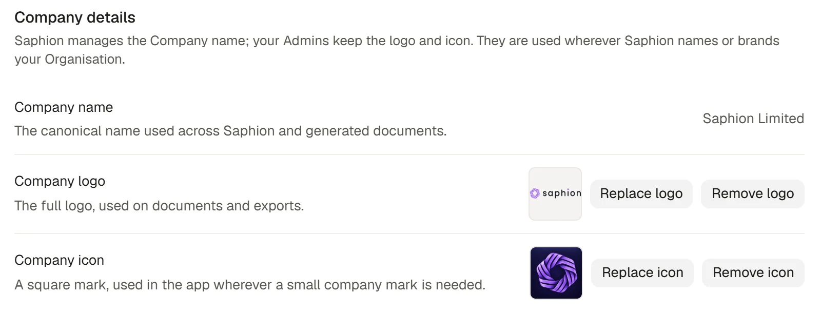 Company settings showing a sample logo and icon with replace and remove controls.
