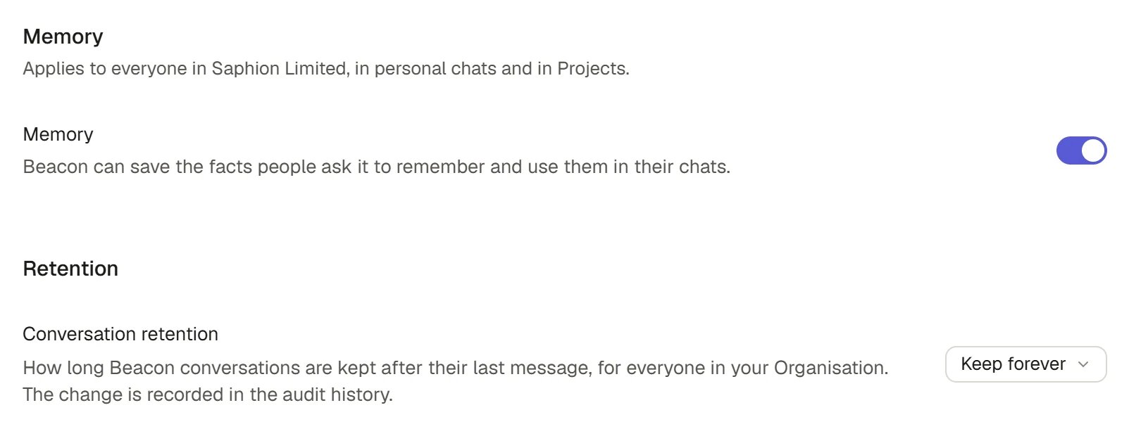 Organisation memory and conversation retention settings.