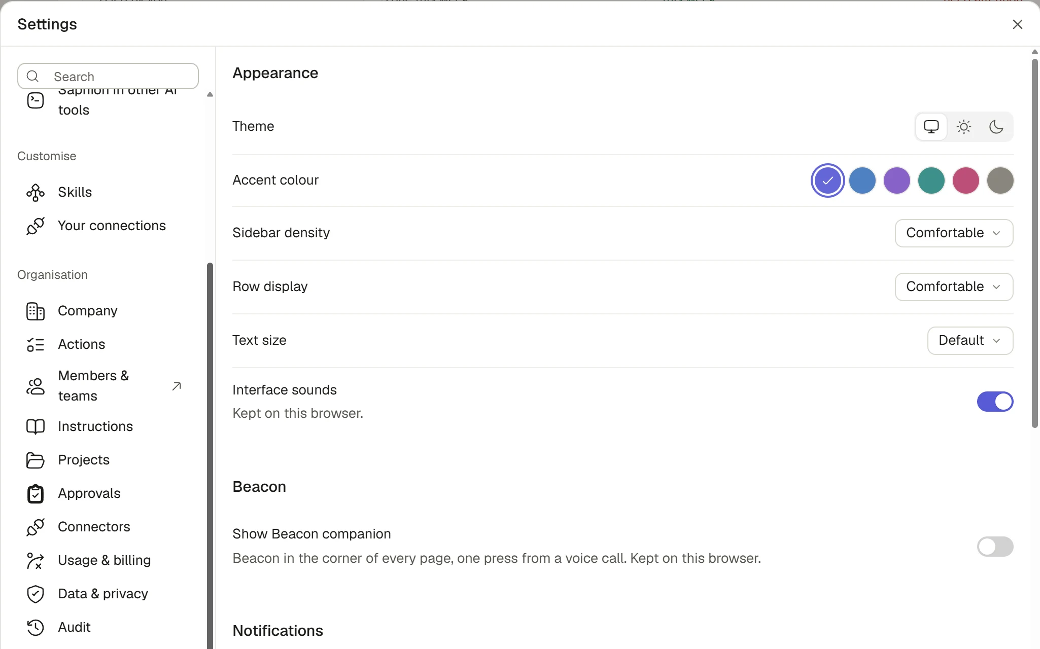 Settings showing the Organisation navigation and appearance controls.
